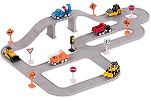 Driven by Battat – 57-Pieces Construction Toy Playset with 6 Mini Cars (Crane, Dump and Cement Truck, Bulldozer, Steamroller, Front-end Loader) – Includes Tracks & Accessories – Gift for Kids