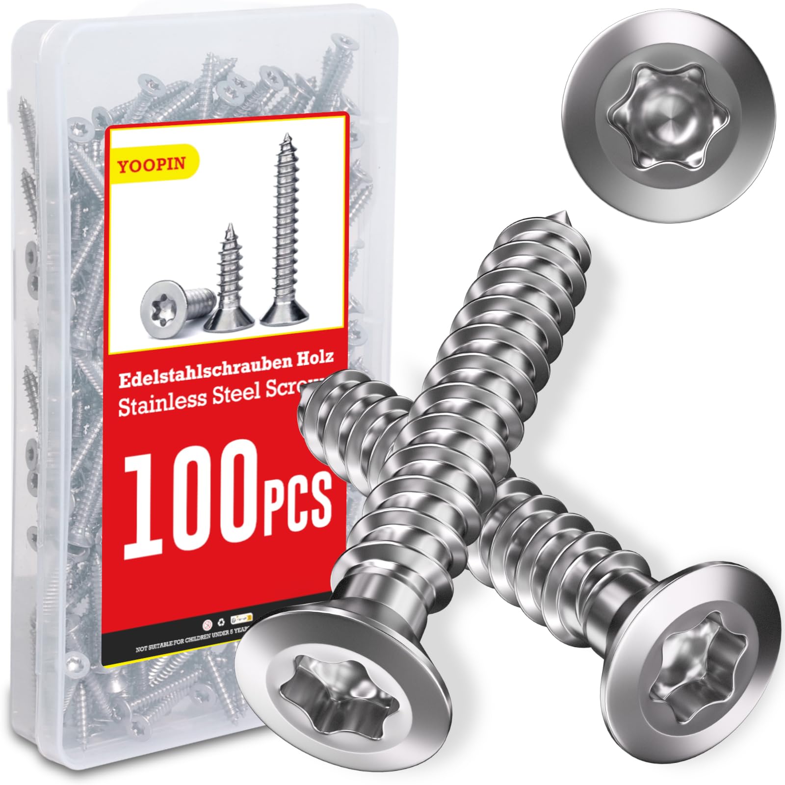 YOOPIN 304 Stainless Steel Screws, M4x35 Torx Screws, 100PCS Countersunk Head Stainless Steel Wood Screws, Wood Screws for Hardwood Decking MDF Plastic and Sheet Metal