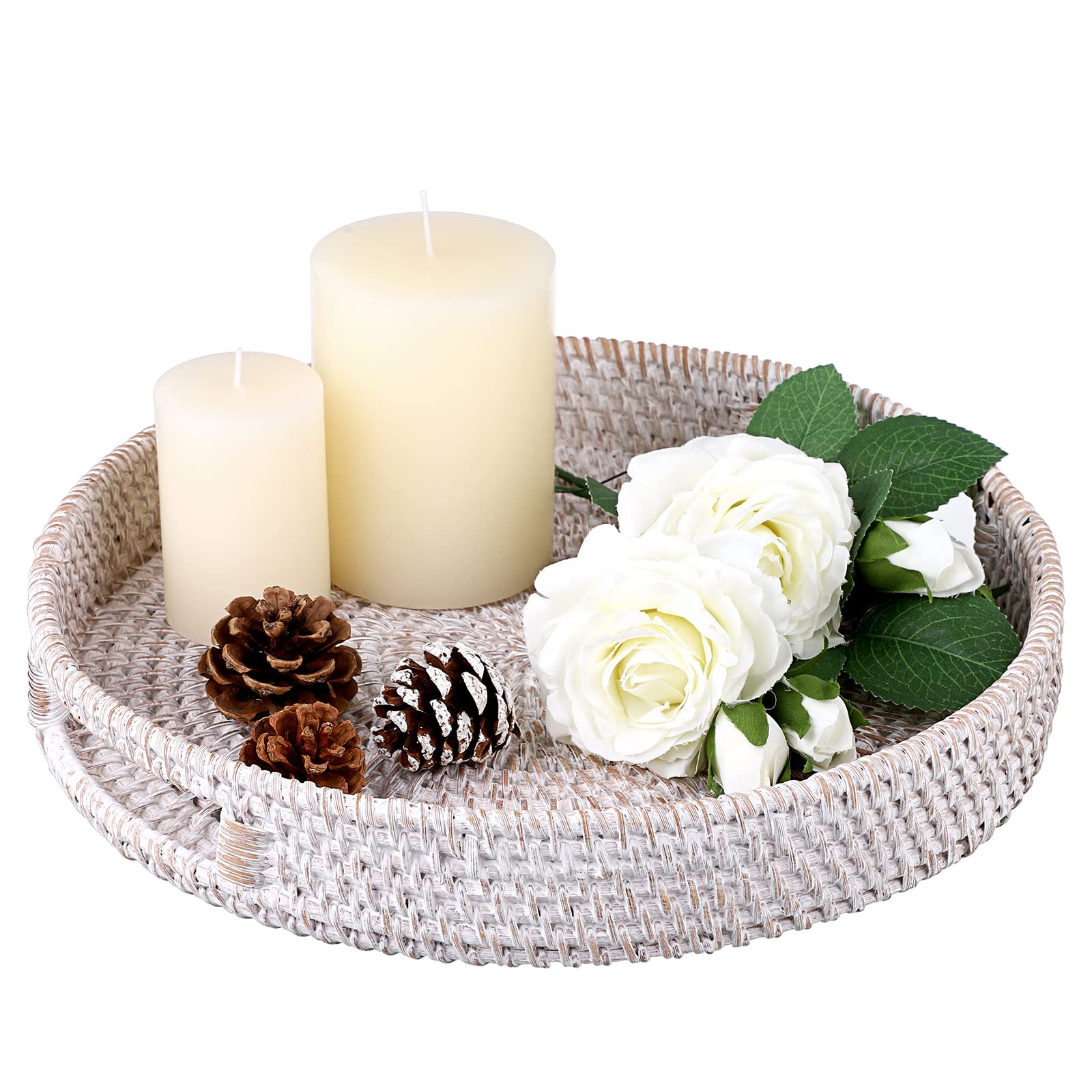 IGNPION Rattan Serving Tray 30cm Decorative Display Tray with Handle Desktop Organiser for Tableware, Makeup, Vanity, Jewelry, Candle, Ornament Whitewash