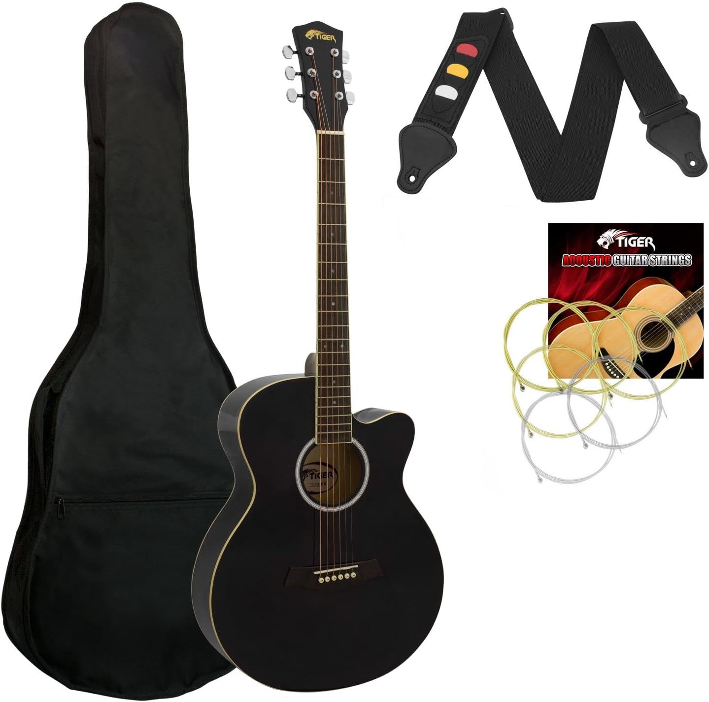 Tiger ACG1-BK Acoustic Guitar with Steel Strings, Small Body 4/4, for Beginners aged 11+, Bag, Strap, Spare Strings