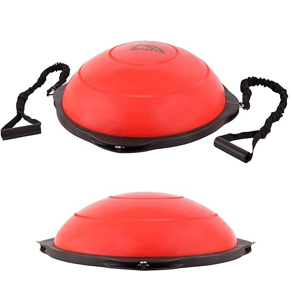 MSPORTS Balance Ball Trainer Premium | Gymnastikball mit Holzplatte + Expander & Pumpe - beidseitig nutzbar | Balance Trainer