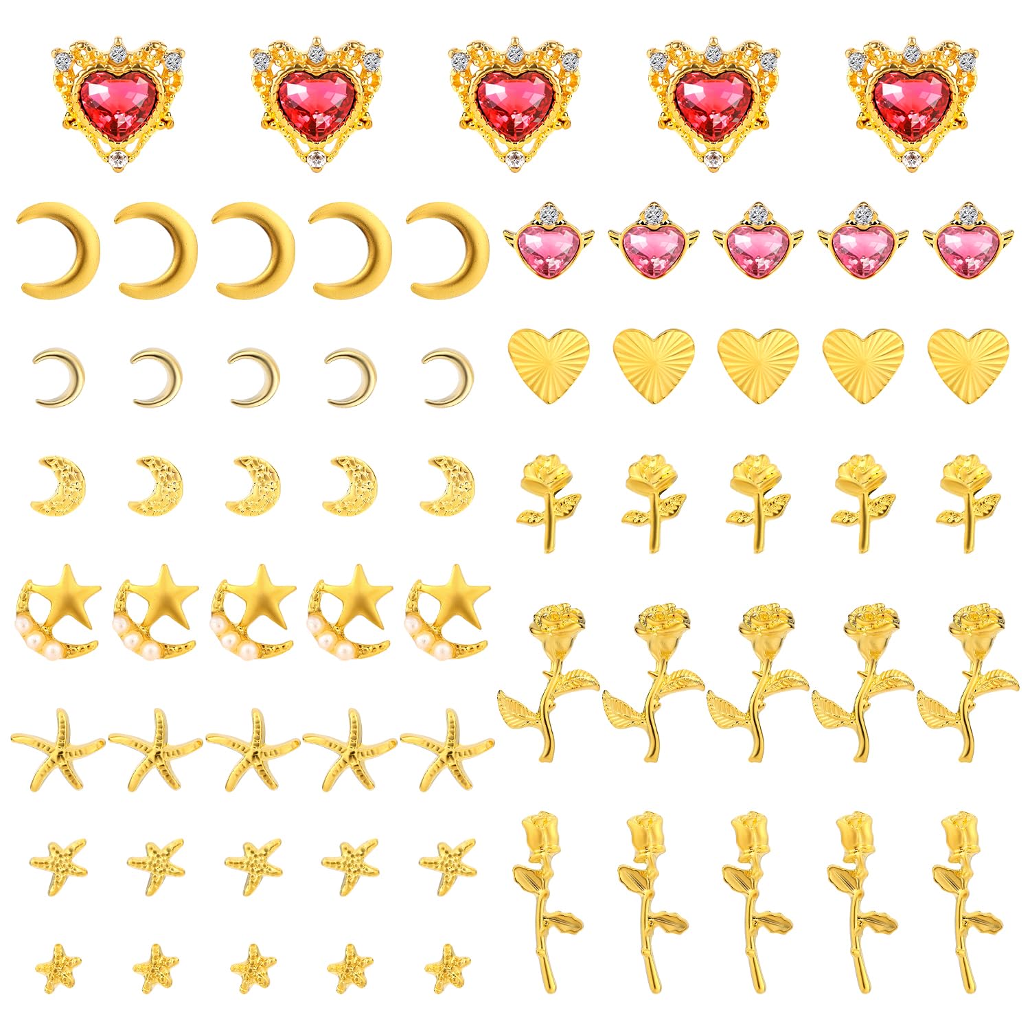 65pcs Gold Nail Charms Set, Alloy Rhinestones Nail Charms with Star Heart Rose Moon Decoration Accessories for Women Manicure