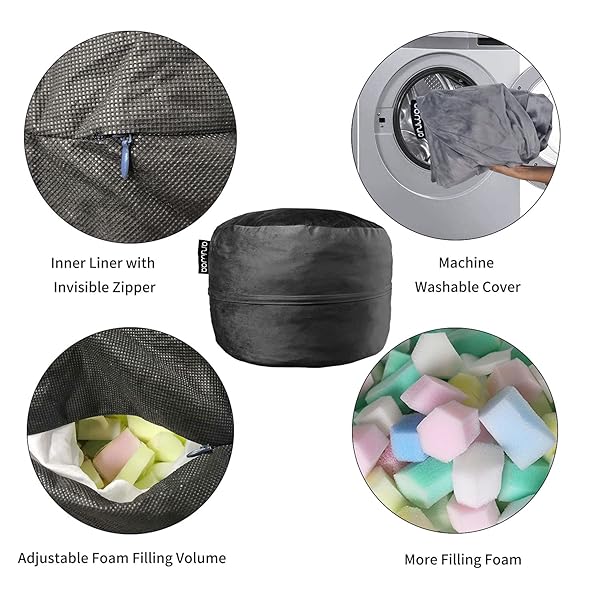 BEAN BAG CHAIR FOR ADULTS, 4FT HIGH-REBOUND MEMORY FOAM BEAN BAG SOFA WITH REMOVABLE COVER, OVERSIZED BEAN BAG COUCH FOR GAMING, READING, AND RELAXATION, BLACK