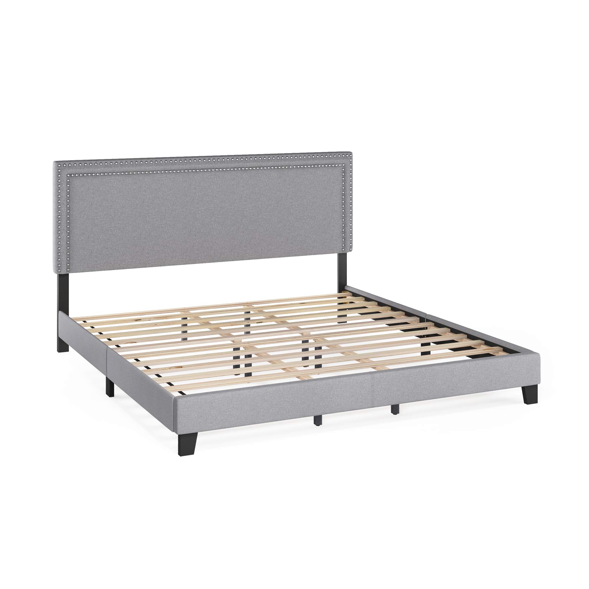 Photo 1 of ***(MISSING PARTS -SELLING AS IS ONLY)*** 
  Furinno Laval Double Row Nail Head Upholstered Platform Bed Frame, King, Glacier