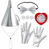 XEPST Halloween Tin costume Accessories Set - Silver Funnel Hat Costumes with Funnel Hat Metallic Bow Tie Gloves Heart Clock Brooch for Women Halloween Costumes Cosplay Carnival Fancy Dress Up