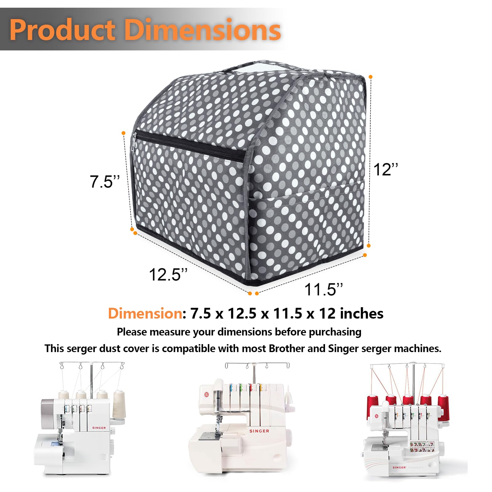 Sewing Machine Cover with Storage Pockets,serger Dust Covers Heavy Duty Waterproof Nylon Case,Fits Most Standard Singer Brother Machines Overlock Tool Accessories,Grey Dots
