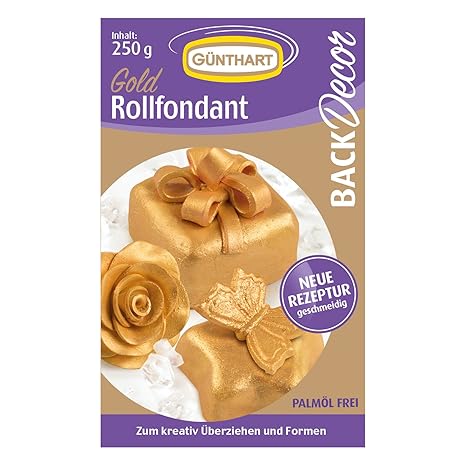 Günthart BackDecor Fondant 250g | Fondant GOLD und mit Goldpuder als Icing Tortendecke | Modelliermasse | OHNE Palmöl