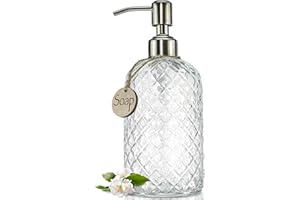 JASAI 18Oz Gem Patterned Clear Glass Soap Dispenser with Rust Proof Pump, Refillable Hand Soap Dispenser for Kitchen, Premium Bathroom Soap Dispenser for Dish Soap, Hand soap, Lotion(Clear).