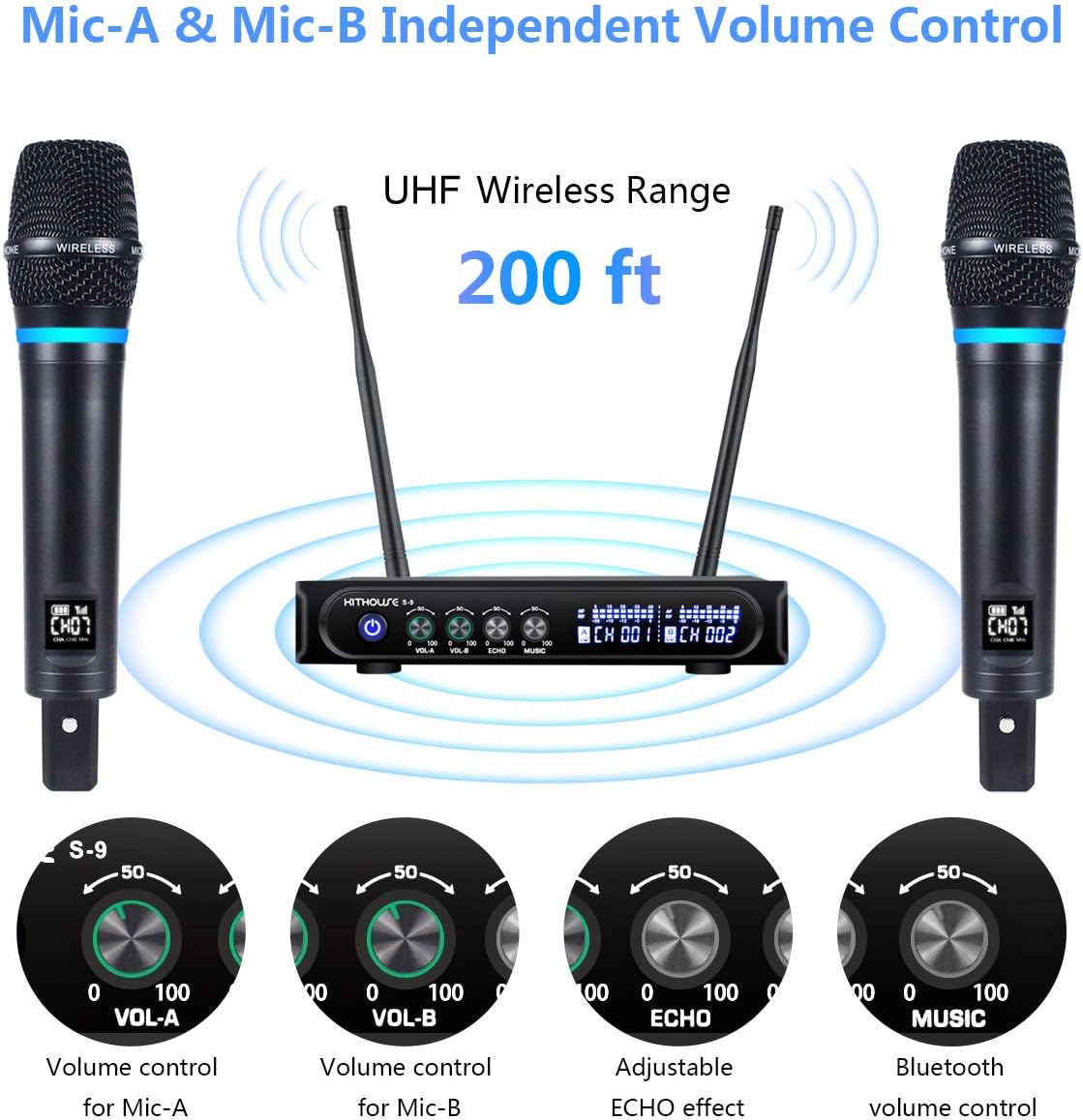 Kithouse S9 UHF Rechargeable Wireless Microphone System Karaoke Microphone Wireless Mic Cordless Dual with Bluetooth Receiver Box + Volume Control ECHO for Karaoke Singing Speech Meeting Church, 200FT