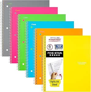 Five Star Spiral Notebooks, 1 Subject, College Ruled Paper, 100 Sheets, 11 x 8-1/2 inches, Assorted Colors, 6 Pack (38057)