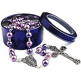 HanlinCC Purple and Pink Glass Pearl Beads Rosary Necklace with Miracuolus Center Piece and Aint-silver Crucifix with Puprle Metal Gift Box
