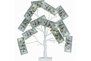 PHITRIC Money Tree Gift Holder, 24" 2FT Lighted Display Trees with LEDs, Battery Powered Timer with 12 Clear Clips for Card, Photo, Lottery Ticket, Christmas, Birthday, Wedding, Graduation (White)