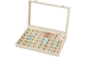 Frebeauty 48 Grid Jewelry Tray,Adjustable Earring Holder Organizer with Glass Lid,Velvet Drawer Jewelry Organizer for Rings,Studs,13.8 x 9.5 x 2 Inches Jewelry Display Box,Gift for Women(Beige)