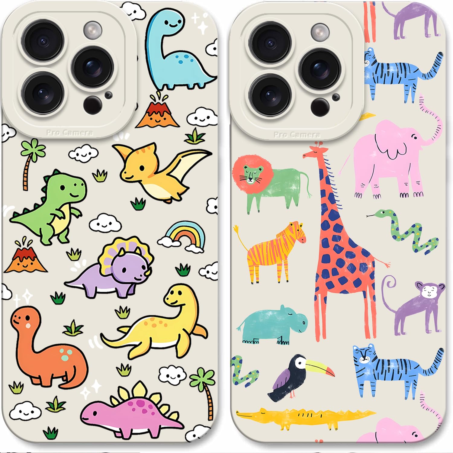 ECOLYF [2 Pack ] Cute Cartoon Case Compatible with iPhone 15, Full Body Protection Shockproof, Designer Cover for Boys Kids, Dinosaur Animal Zoo Print.
