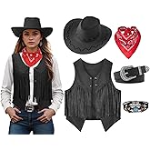 Women Cowgirl Costume Western Vest Hat Belt Set for Cowgirl Cowboy Halloween Cosplay