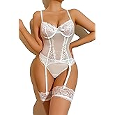 ssgrlvok Women's Lingerie Set Garter Belt Mesh Bodysuit with Stockings and Panty Lace Sexy 3 Piece Set Lingerie for Women