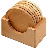 6 Pcs Wooden Coasters Set with Holder, Beech Wood Drink Coasters for Hot and Cold Drinks, Cup Coasters for Coffee Table, Home Decor, 4.3 x 2.9 x 4.1 in