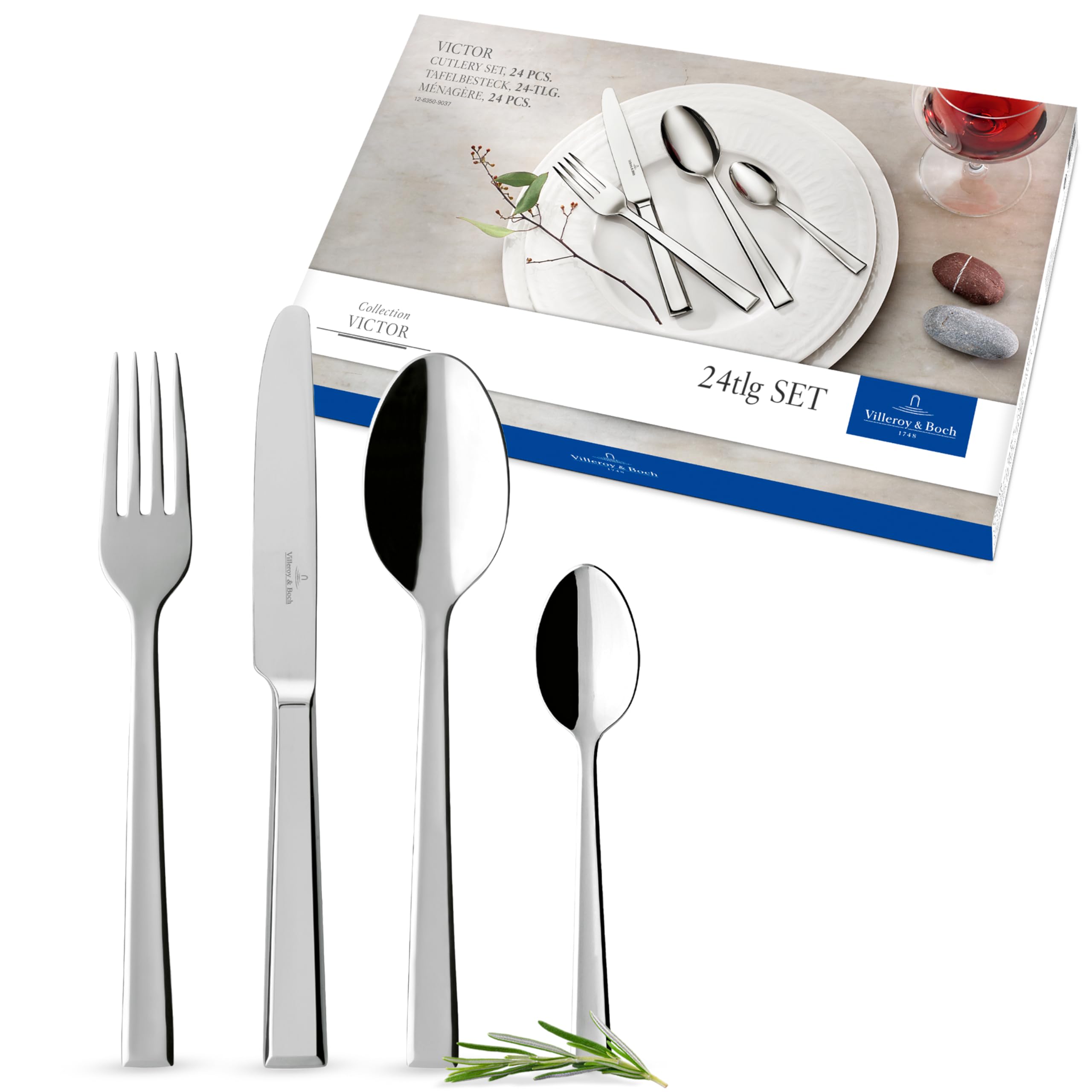 Villeroy & Boch – Victor Cutlery Set, 24-Piece Silver/Platinum, Dishwasher Safe, Flatware, Knives, Forks, Spoons, Luxury Cutlery Set, Stainless Steel