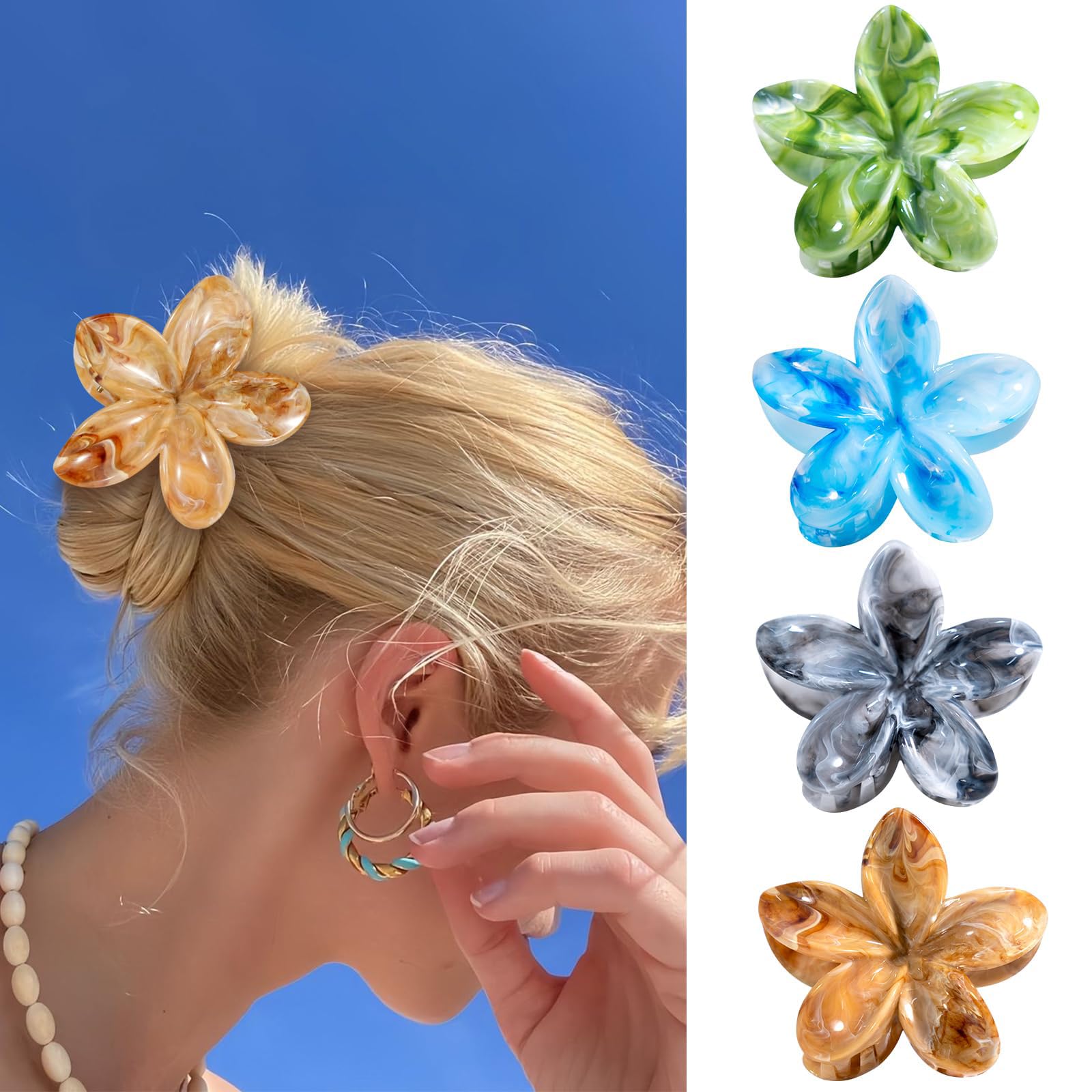 Hebterrka Flower Hair Clip Set, 4-Piece Unique Multi-Colour Marbling Process, Flower Hair Clip for Girls and Women, Strong and Non-Slip Flower Hair Clips