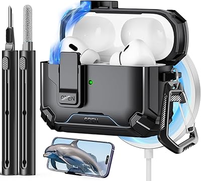 Pohgelan Compatible with AirPods Pro 2nd/1st Case,Magnetic Automatic Lock with Phone Stand & Cleaning Kit,Compatible with Magsafe Cover -Black