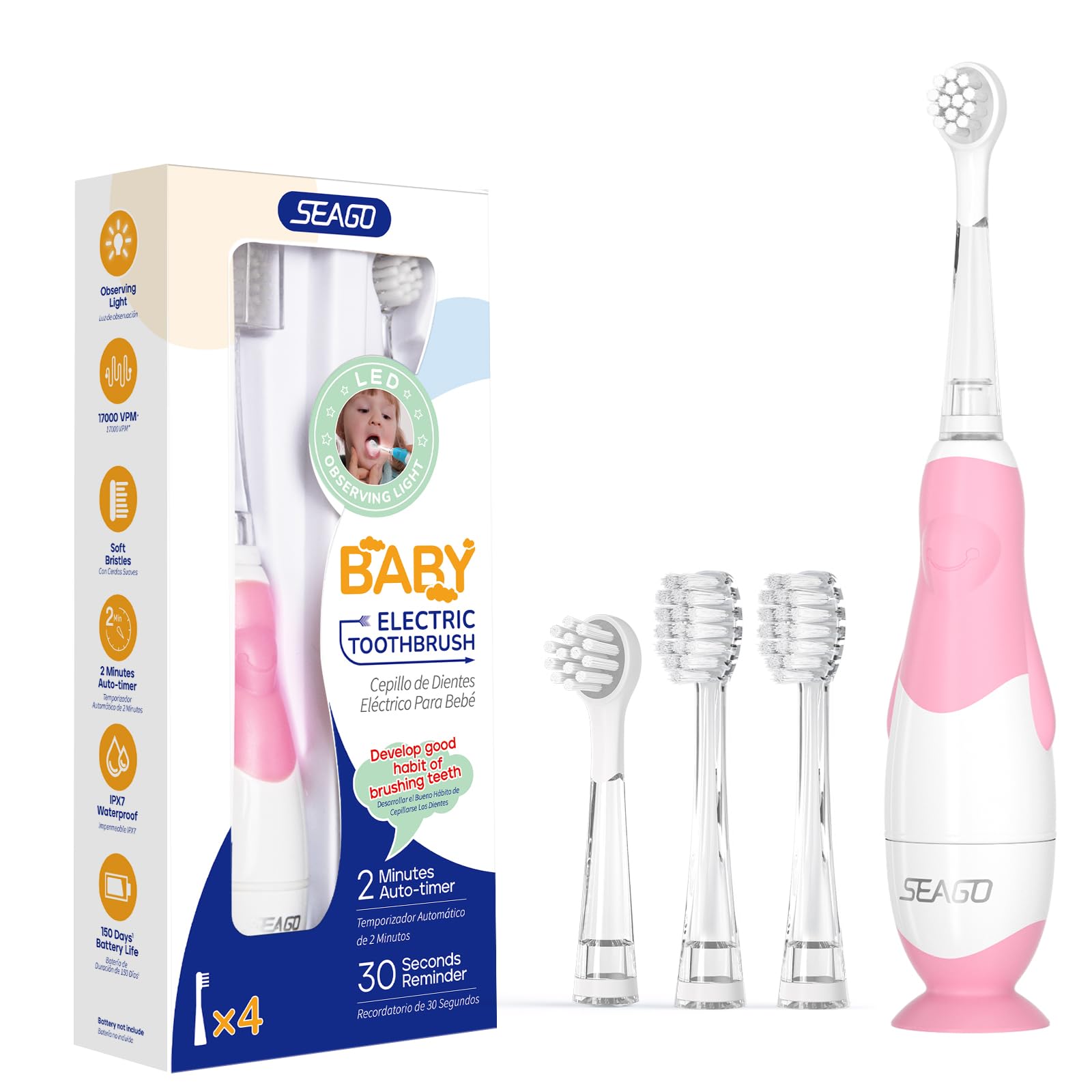 Seago Elektrische Zahnbürste Kinder ab 0-3 Jahr mit LED Licht, Weichen BPA-freiem Runder Gummierte Bürstenkopf, 2 Minuten Smart Timer, Wasserdicht IPX7, für Empfindliche Babyzähne, SG513(Rosa))