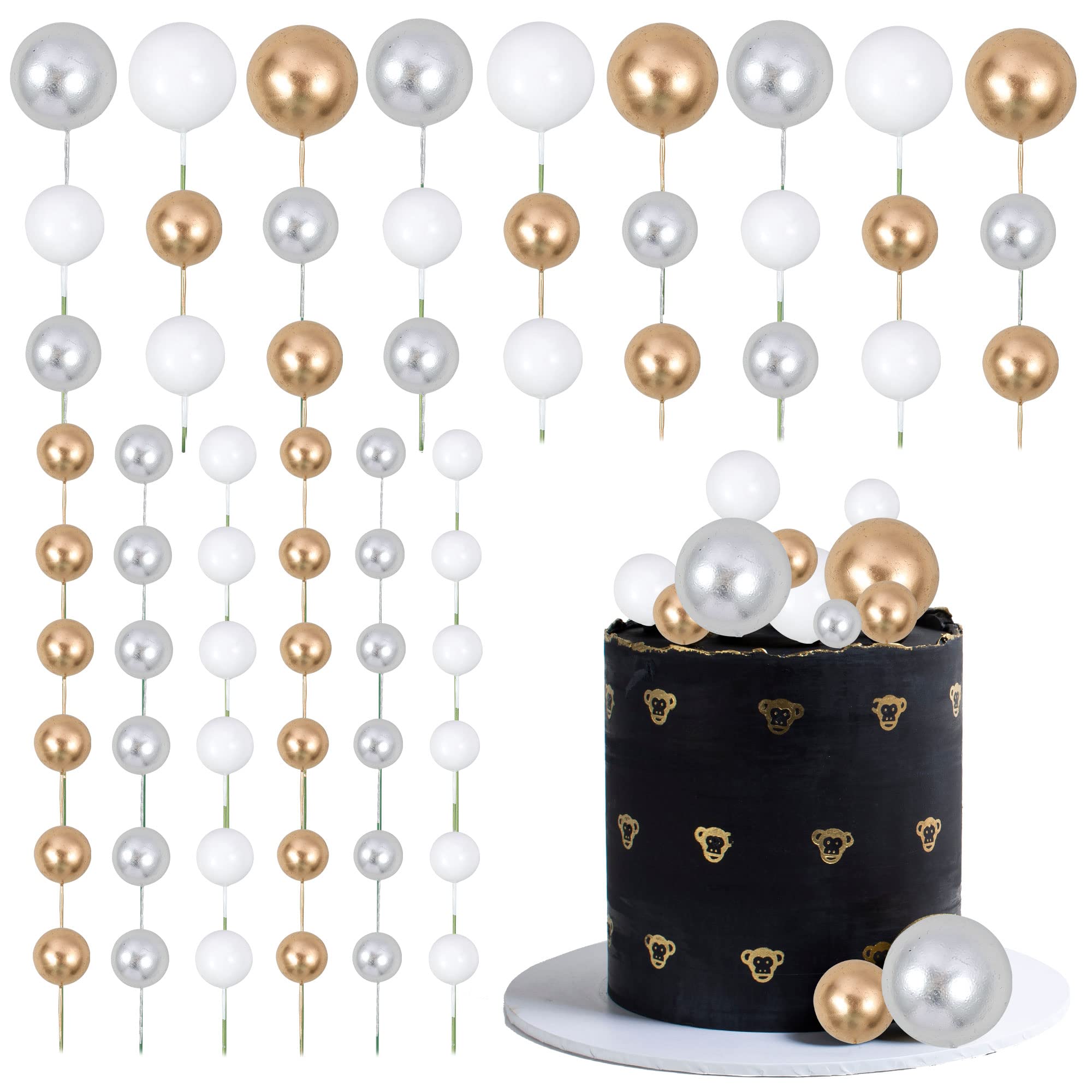 Photo 1 of Gyufise 30Pcs Balls Cake Topper Foam Ball Cake Picks Mini Balloon DIY Cake Insert Topper Decoration for Baby Shower Wedding Anniversary Kids Birthday Party Cake Decorations Gold Silver White