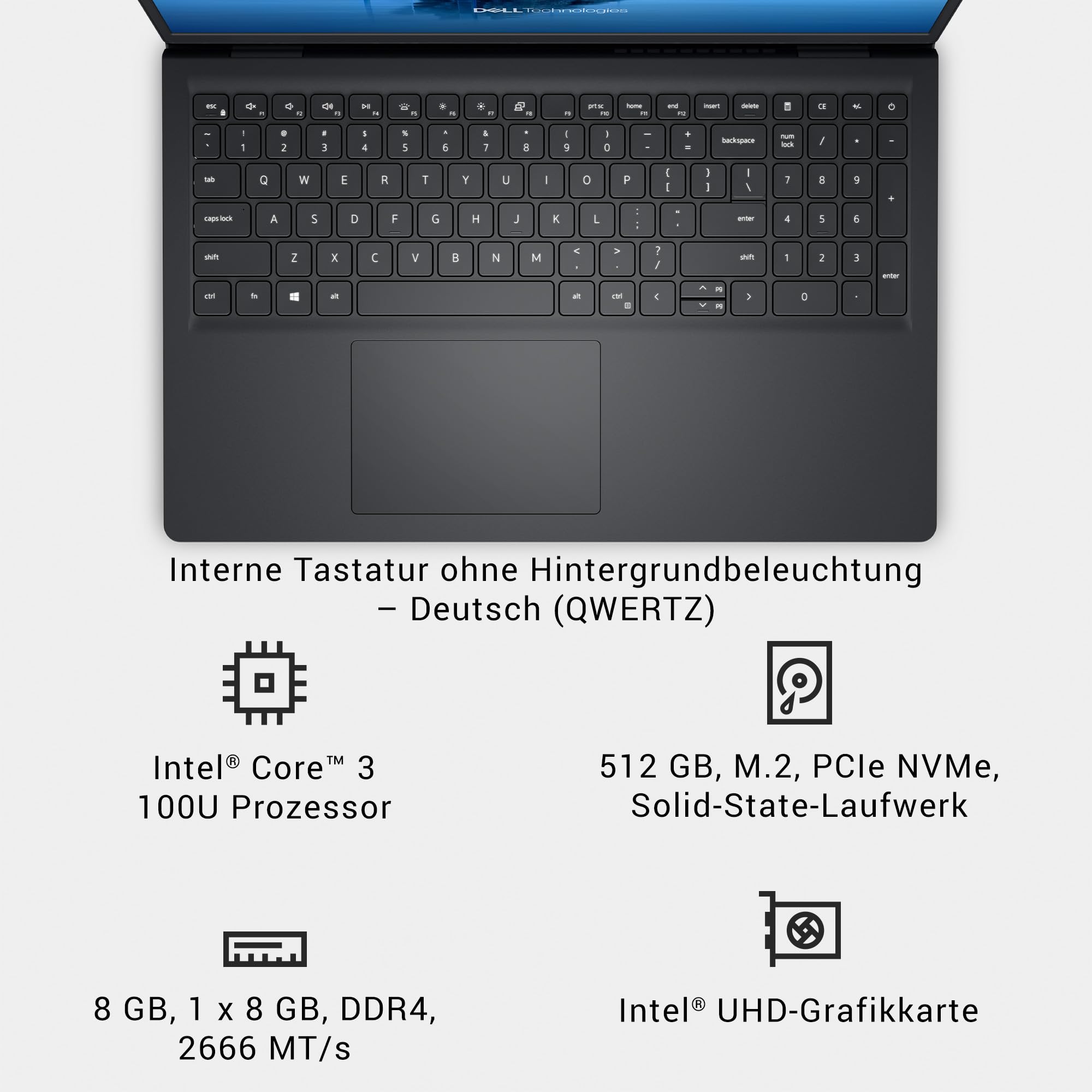 Dell 15 Laptop DC15250 15.6" FHD (1920 x 1080) 120Hz, Intel Core 3 100U, Intel UHD Graphics, 8GB RAM, 512GB SSD, Windows 11 Home, QWRTZ Backlit Keyboard - Black 9