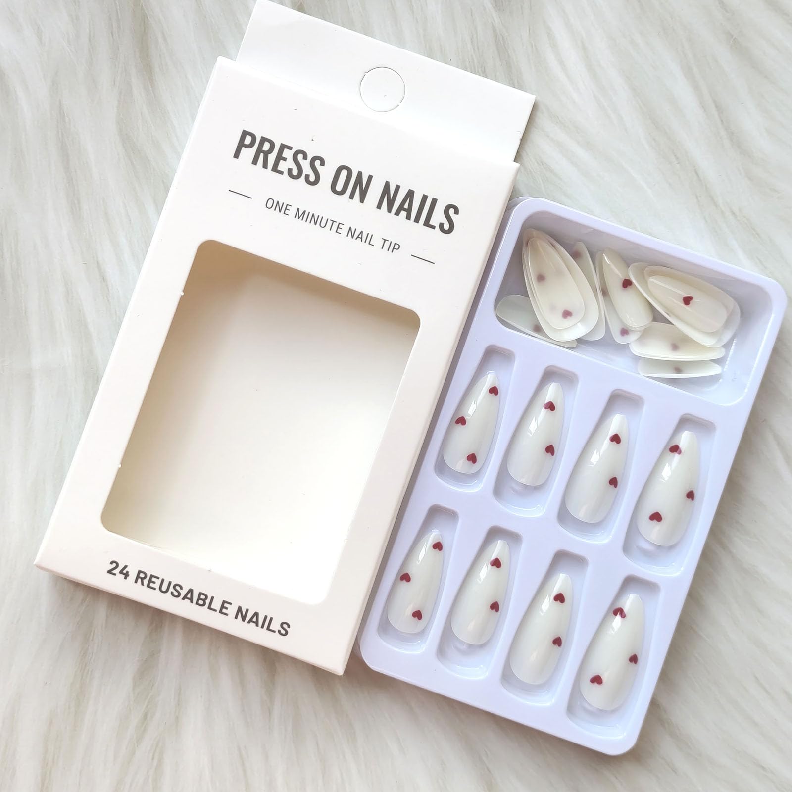 Almond Press on Nails Heart Fake Nails Medium Length Acrylic Nails Glossy Yogurt White False Nails with Wine Red Heart Designs Daily Glue on Nails for Women Girls - Image 2