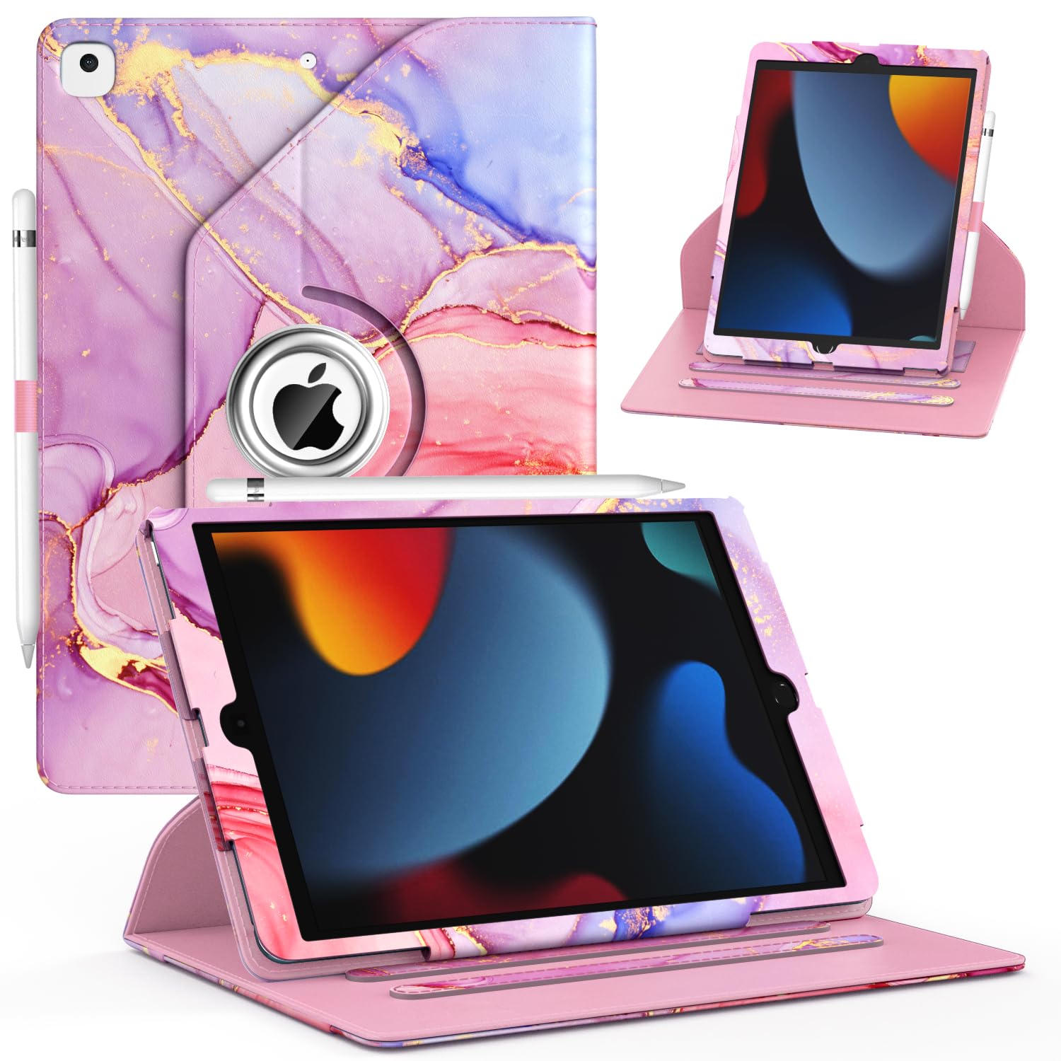 ZoneFoker for New iPad 9th/ 8th/ 7th Generation Case, iPad 10.2 Case, 360 Degree Rotating Multi-Angle Viewing Stand, Leather Cover with Pencil Holder for iPad 10.2 inch 2021/2020/ 2019 (Marble Pink)