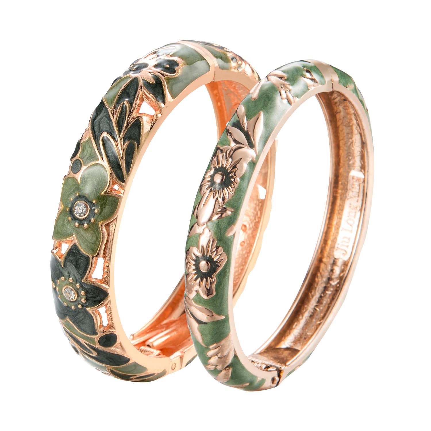 UJOY Green Enamel Bangle for Women, Handmade Bracelet for Lady Vintage Coral Jewellery, Gold Jewellery 2PCs Rose Gold Bracelet, Jewellery Flower Green Leaf Pattern Design