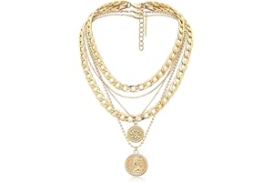 CYSINCOS Gold Layered Necklaces for Women Chunky Choker Link Chain Trendy Retro Coin 14K Pendant Necklace Handmade Dainty Layering Poppy Lotus Rose Birth Flower Necklaces Gift