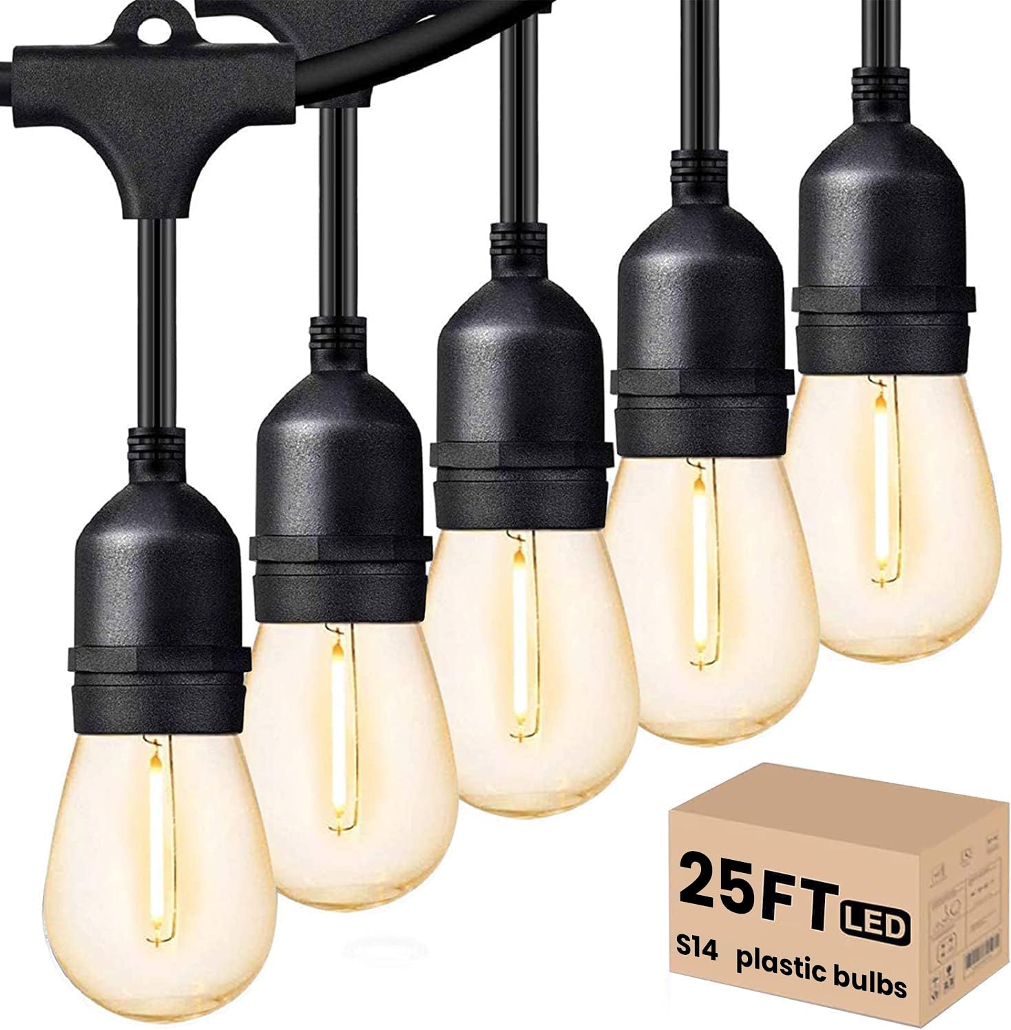 Photo 1 of Svater Outdoor Led String Lights 25 FT, Patio Lights for Outside with 9pcs S14 Shatterproof Bulbs, 1 Watt E26 Dimmable, IP65 Waterproof, Commercial Grade Bistro Light 2700K Warm White