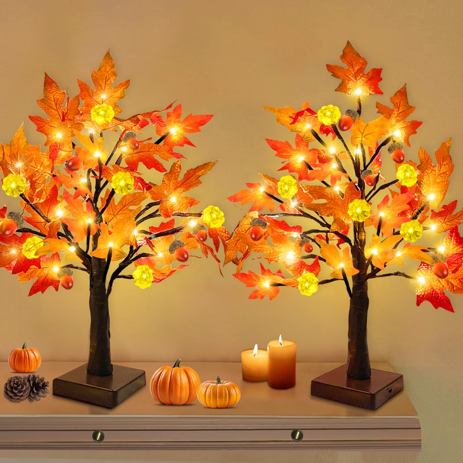 Photo 1 of TURNMEON Fall Decor 2 Pack 18 Inch Prelit Fall Maple Tree Thanksgiving Fall Decorations for Home with 48 LEDs Timer Battery Operated Pumpkin Lights 6 Acorn Tabletop Halloween Decorations Indoor Autumn