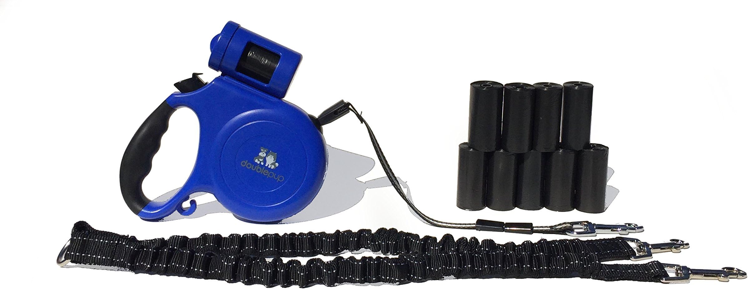 Doublepup Two Dog Retractable Leash with Built-in Waste Bag Dispenser Plus 10 Waste Bag Rolls