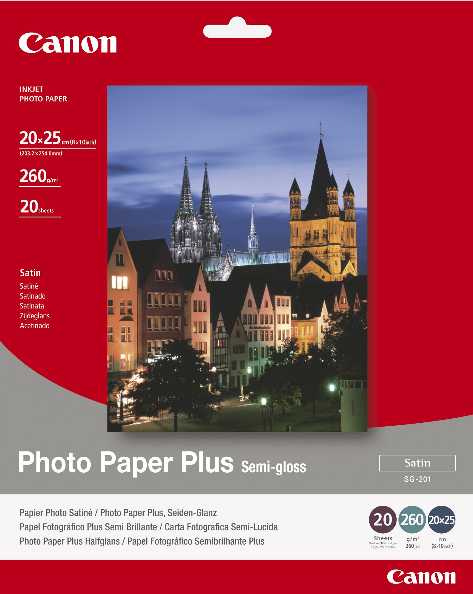 Canon SG-201 Semi-Gloss Photo Paper Plus 20x25cm (20 Sheets) - Satin Finish Paper, Instant-Dry Photos, 260 GSM - Compatible with Canon Inkjet Printers
