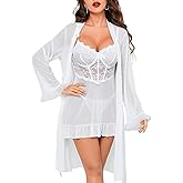 Tidouk Women Sexy Lingerie Set, 3 Piece Babydoll with Mesh Kimono Robe & Lace Panty, Lace Trim Teddy Chemise Nightwear