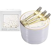 Stylish 7.5 Inch Gold Dessert Plates with Disposable Forks and Gold Cocktail Napkins (100 Set) - White and Gold Plastic Desse