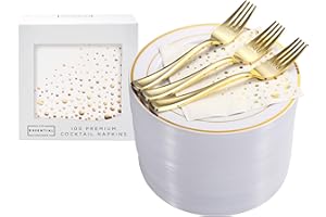 Stylish 7.5 Inch Gold Dessert Plates with Disposable Forks and Gold Cocktail Napkins (100 Set) - White and Gold Plastic Desse