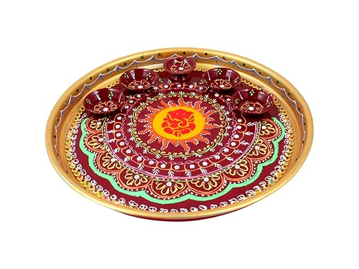 GoldGiftIdeas Alloy Pooja Thali Set (12 inch, Red)