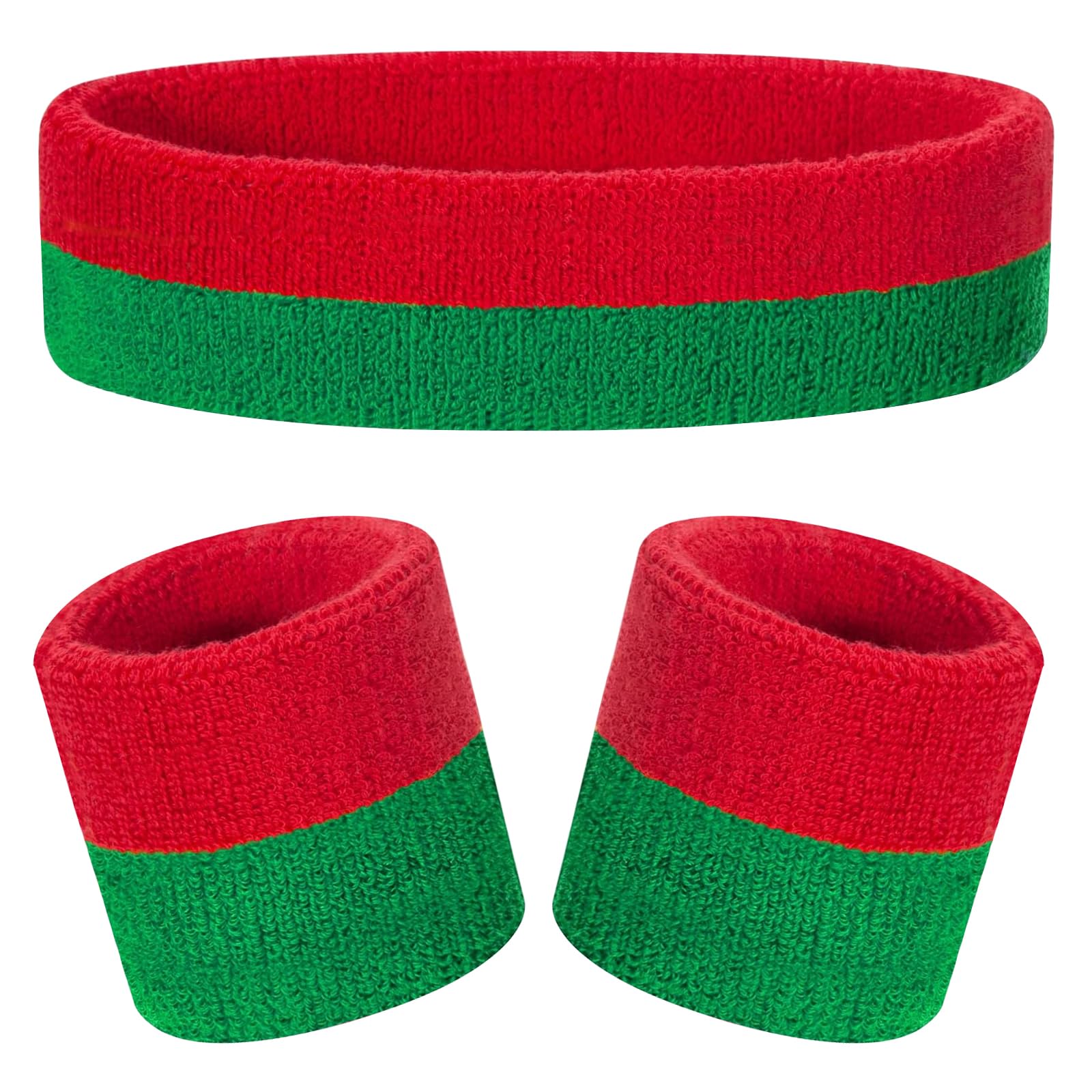 Kids Sweatbands Headband Wristband Set - Athletic Cotton Sweat Band for Sports - Ultimate Sweat-Absorbing 3-piece Set (1 Headband + 2 Wristbands) (Red+Green)