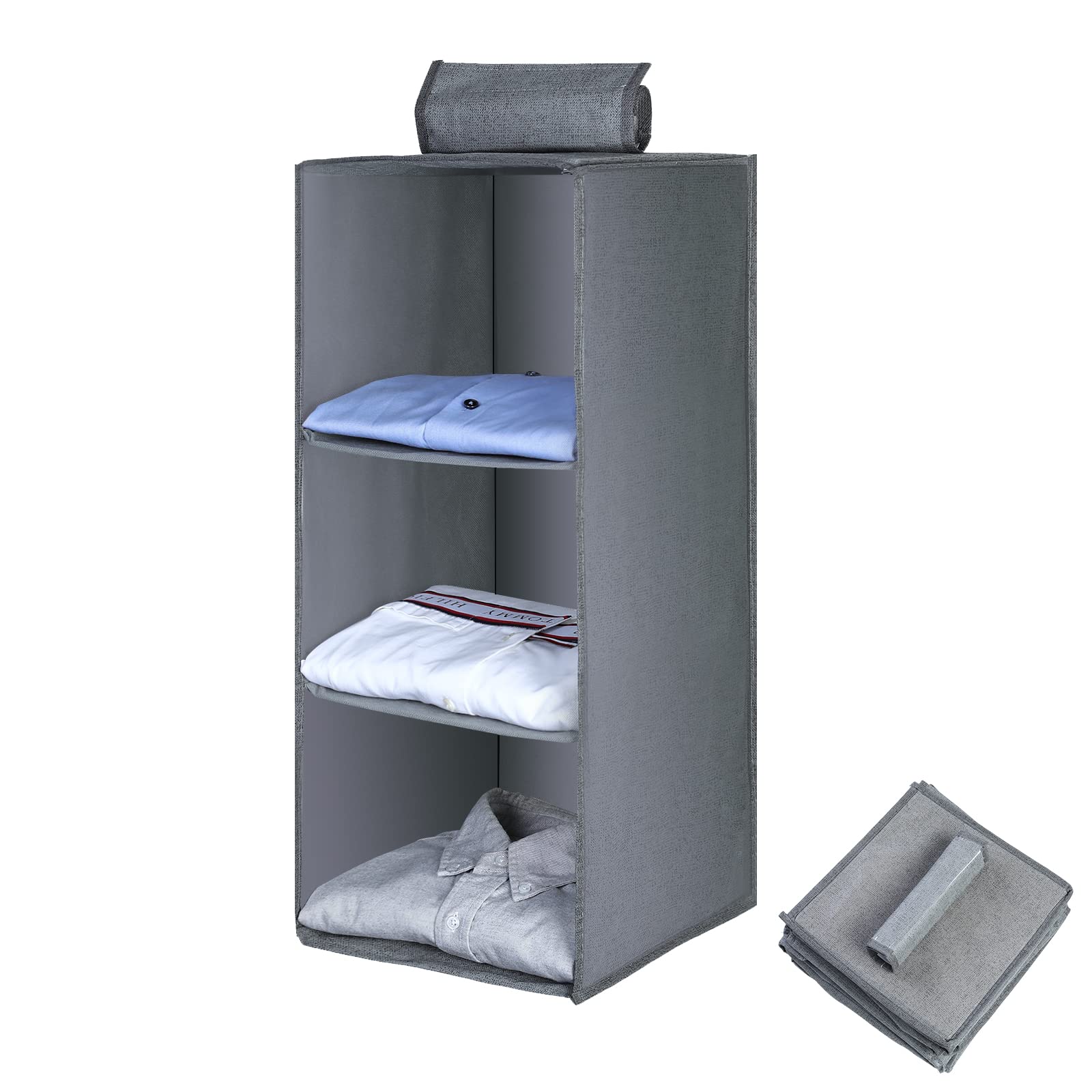 AiQInu Hang Sturdy Shelf Wardrobe, Hang Storage Cupboard Organiser with 3 Compartments, Foldable, Space-Saving, Bamboo Pole, Reinforced System