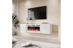 EROMMY 70'' Floating TV Stand with 36'' Electric Fireplace, High Gloss Finish Entertainment Center with 12 Flame Fireplace Insert Heater, Fireplace TV Console for TVs up to 80'' for Living Room, White