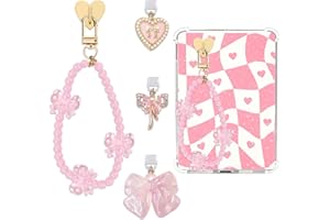 TAKEALOOKO Dust Plug Charm Chains for Kindle - 4Pcs Pink Bow Phone Bracelets with Type-C Dust Plug Kit for Book Lovers, Y2K Aesthetic Charms Compatible with E-Reader Paperwhite, Women Men