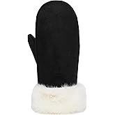 Funky Junque Women's Warm Mittens for Extreme Cold - Windproof Suede Gloves with Faux Fur Cuffs
