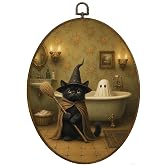 MAQIKA Witchy Black Cat Bathroom Framed Oval Wall Art Decor 8.7x11.3 Inch | Funny Halloween Ghost Bathroom Oval Wall Hanging Decor, Witch Cat Spooky Ghost in Bathtub Canvas Prints Wall Art for Washroom