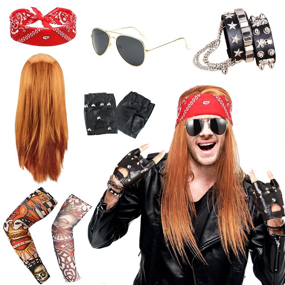 9Pcs Punk Rockstar Fancy Dress, Rock Star Heavy Metal Set, Rock Star Heavy Metal Accessories with Retro Sunglasses Gloves Bandana Tattoo Sleeves Bracelet Ring for Women Men 80s 90s