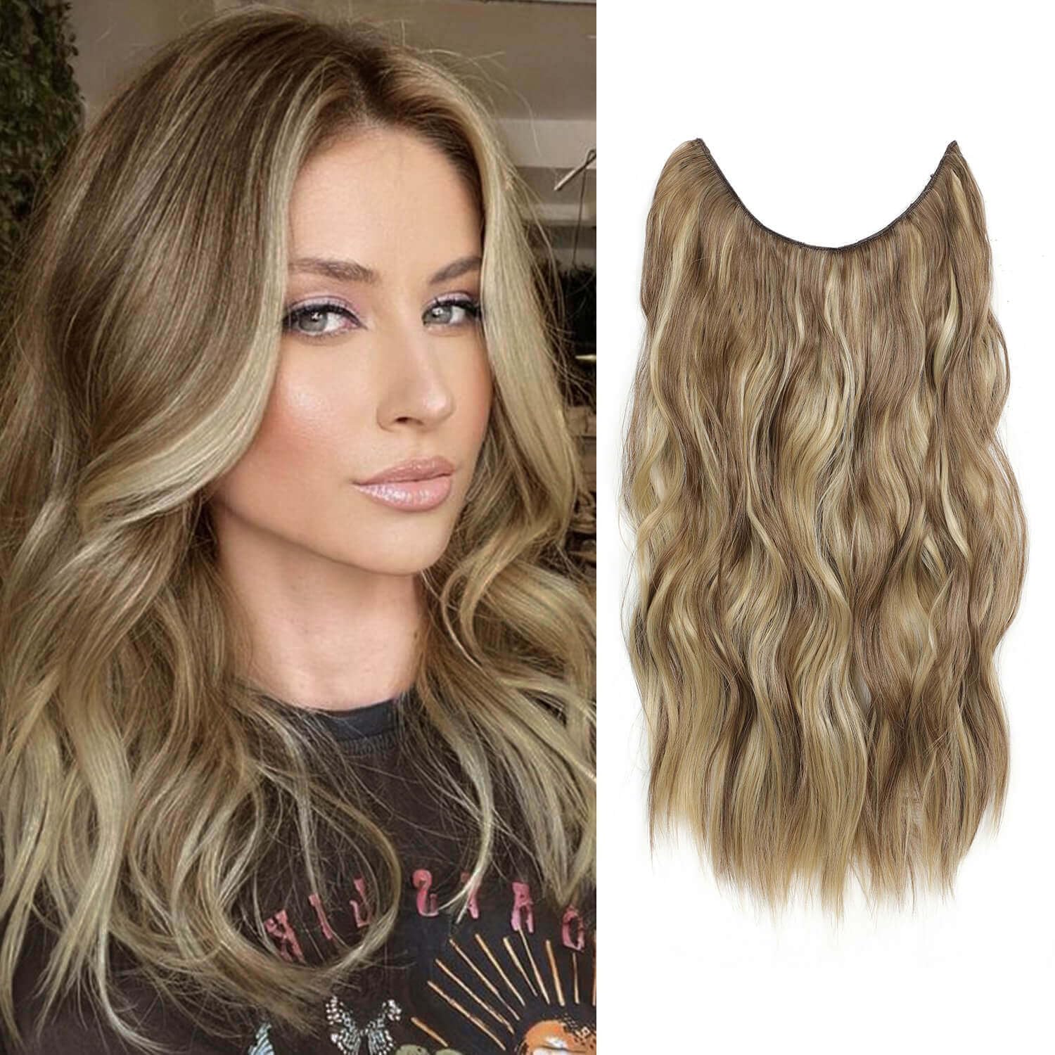 Ms TAj Light Brown with Blonde Halo Hair Extensions Highlights 12 inch with Adjustable Size Removable Clips Invisible Secret Synthetic Curly Hairpiece for Women — image 1