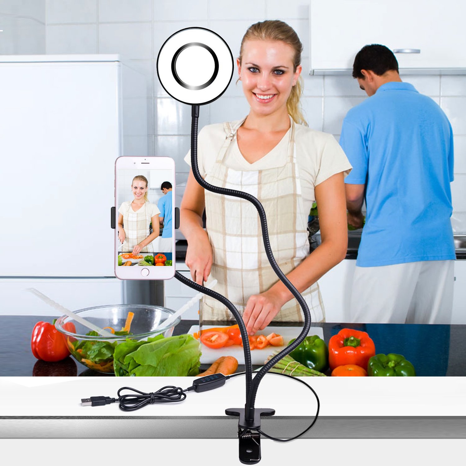 SHEKAR Dimmable Selfie Ring light with Cell Phone Holder | Flexible Mobile Phone Clip Holder Lazy Bracket Desk Lamp with Clip| Perfect for Live Stream, Youtube, Facebook