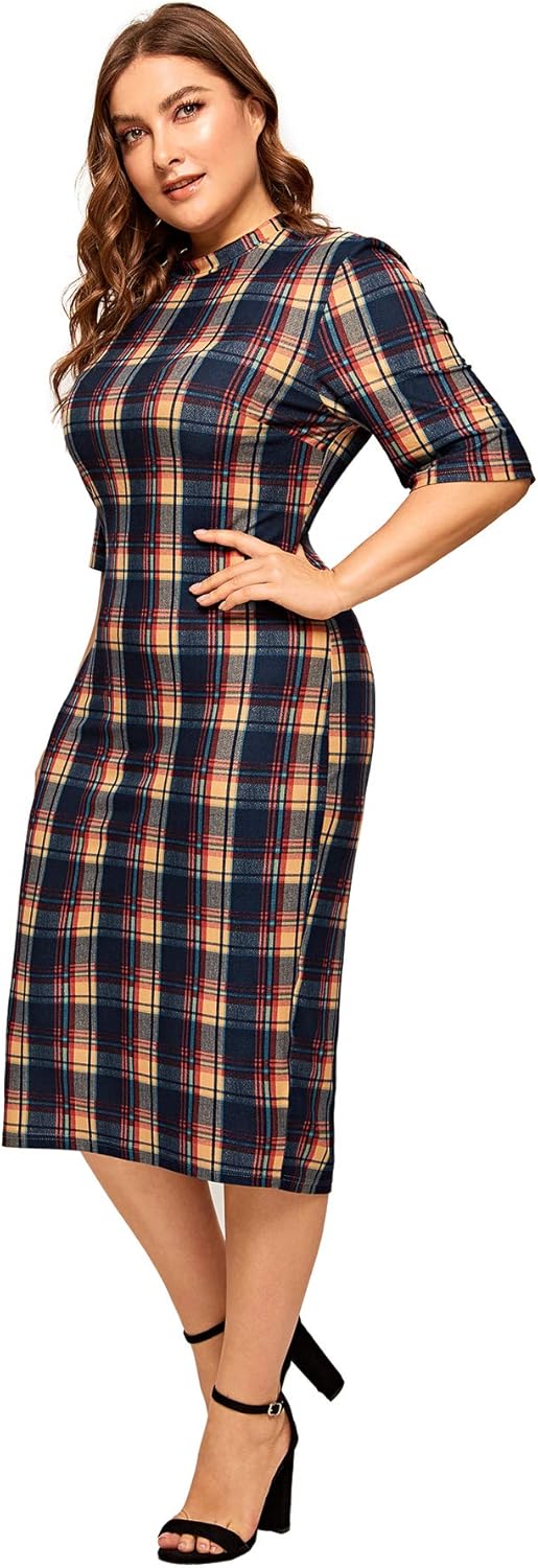 Floerns Women's Short Sleeve Plus Size Gingham Bodycon Business Pencil Dress