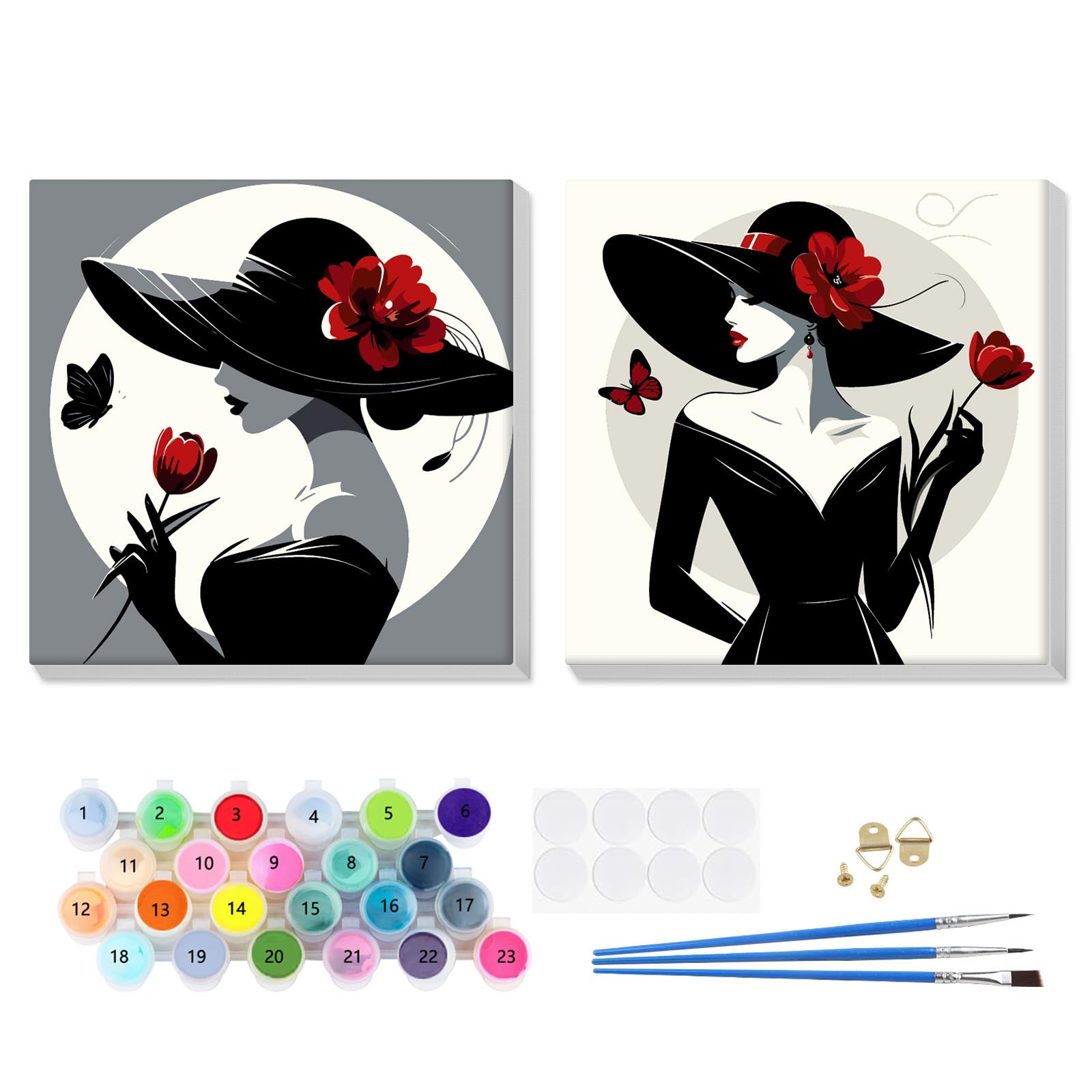 EOBROMD 2 Pack Black Dress Lady Paint by Numbers for Adults Children, Flower Paint by Numbers Kits with Frame, Painting by Numbers for Gift Home Wall Decor 8x8inch — image 1
